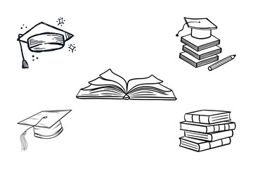 Set of school education halftone grunge vector design elements modern illustration of education concepts, including books, graduation caps