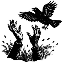 A crow takes flight from outstretched hands isolated on white background