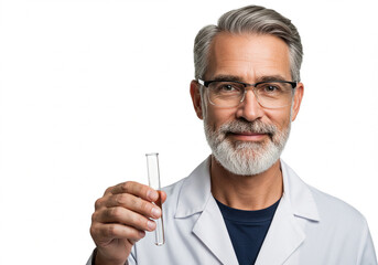 A mature scientist holds a test tube, a portrait against a plain white background.