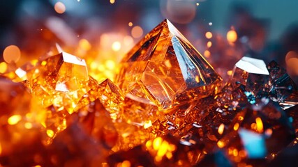 Close-up of sparkling crystals illuminated by warm orange and blue light, creating a vibrant scene - Powered by Adobe