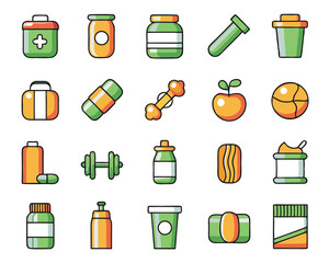Graphic representation of sports nutrition products and fitness supplements for health and wellness campaigns isolated on transparent background