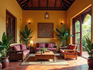 A traditional South Indian home interior, with wooden furniture, Athangudi tile flooring, brass lamps, banana leaf plants indoors, muted yellow and maroon color tones, cultural wall decor, cozy lighti