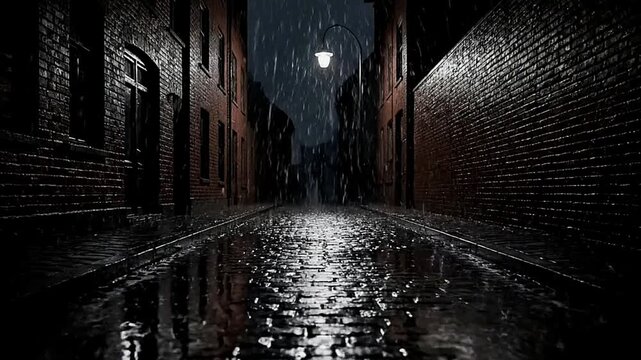 Wet bricklined alleyway at night with a single street light reflecting the rain