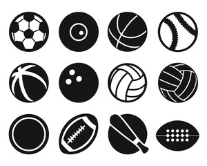 Collection of minimal flat line art sports balls including soccer ball and basketball isolated on transparent background
