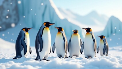 Fototapeta premium A Group of King Penguins Huddle Together on a Snow-Covered Landscape Under a Bright Sky