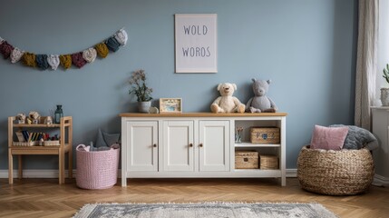 Interior de habitación infantil cálido y acogedor con pared azul, aparador blanco moderno, llama de peluche, mono, perro, juguetes, guirnalda colorida en la pared, canasta rosa, crayones y accesorios.