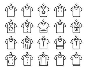 A collection of t shirt icons presented in both clean line art and solid flat design styles isolated on transparent background