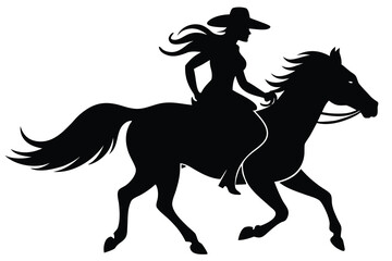 Silhouette of a Cowgirl with Hat Riding a Horse, Illustration, Western Style