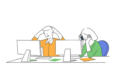 upset businesspeople trying to work on line with a desktop computer looking at monitor at office