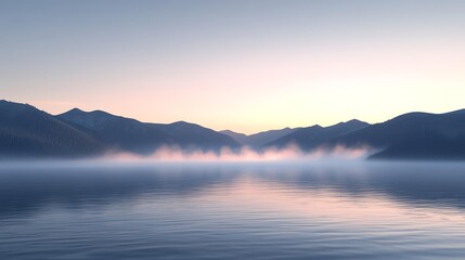 Fototapeta premium Tranquil Lake Photography: Serene Lake at Dawn with Mist and Mountains
