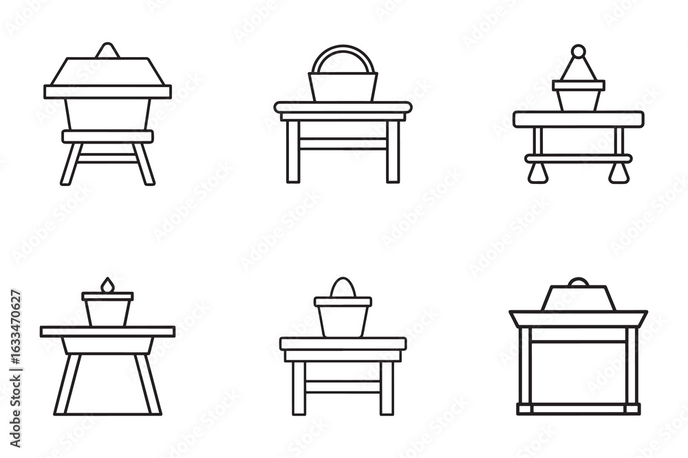 Poster set of line art icons featuring tables with various toppings representing furniture design elements 