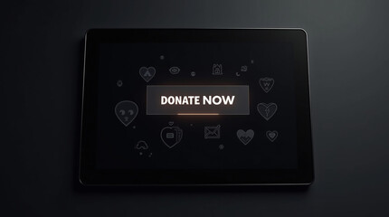 Fototapeta premium A tablet displaying a donate now button surrounded by charityrelated icons, symbolizing online giving and support for various causes and fundraising efforts, with a modern and digital aesthetic