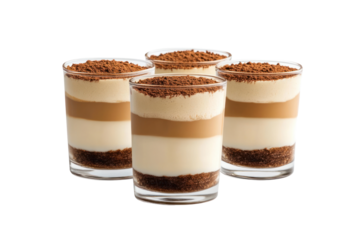 Decadent Layered Dessert Delights: Captivating image features four elegant glasses brimming with layered dessert delights, showcasing textures and enticing sweetness.