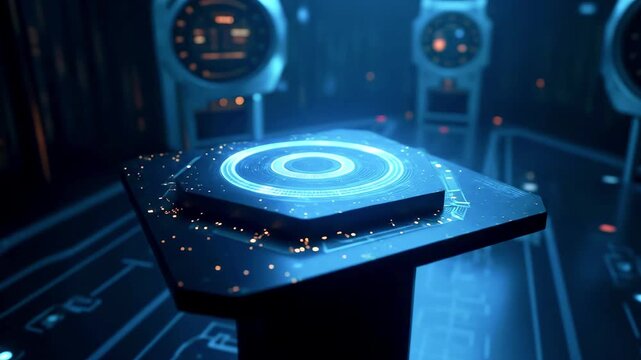Futuristic control panel with glowing interface in dark room