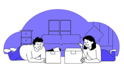 young diverse multiethnic couple moving in new home. couple is having fun in new house at moving day