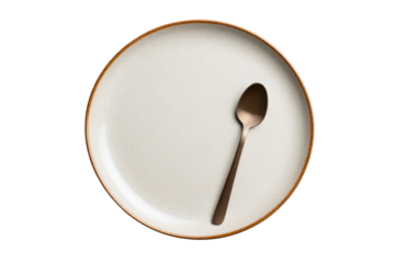 Minimalist Culinary Display: An elegant, minimalist composition featuring a pristine white plate, accented with a subtle brown rim, alongside a sleek metallic spoon.