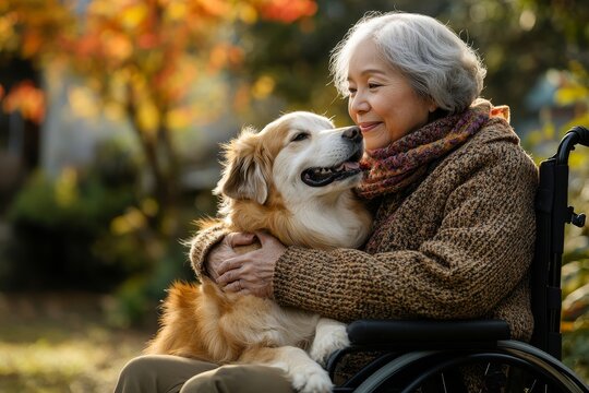 Candid senior Asian woman sitting in a wheelchair, cuddling her dog outdoors. A happy elderly female pensioner bonding with her pet. National Dog Day celebration, Generative AI