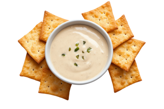 Cracker and Dip: A captivating, overhead view of crackers encircling a bowl of creamy dip. The golden hue of the crackers is a striking contrast to the inviting dip, a testament to culinary pleasure.