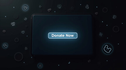 A tablet displaying a donate now button with glowing neon effect, surrounded by charityrelated icons, symbolizing online giving and support for various causes and fundraising efforts