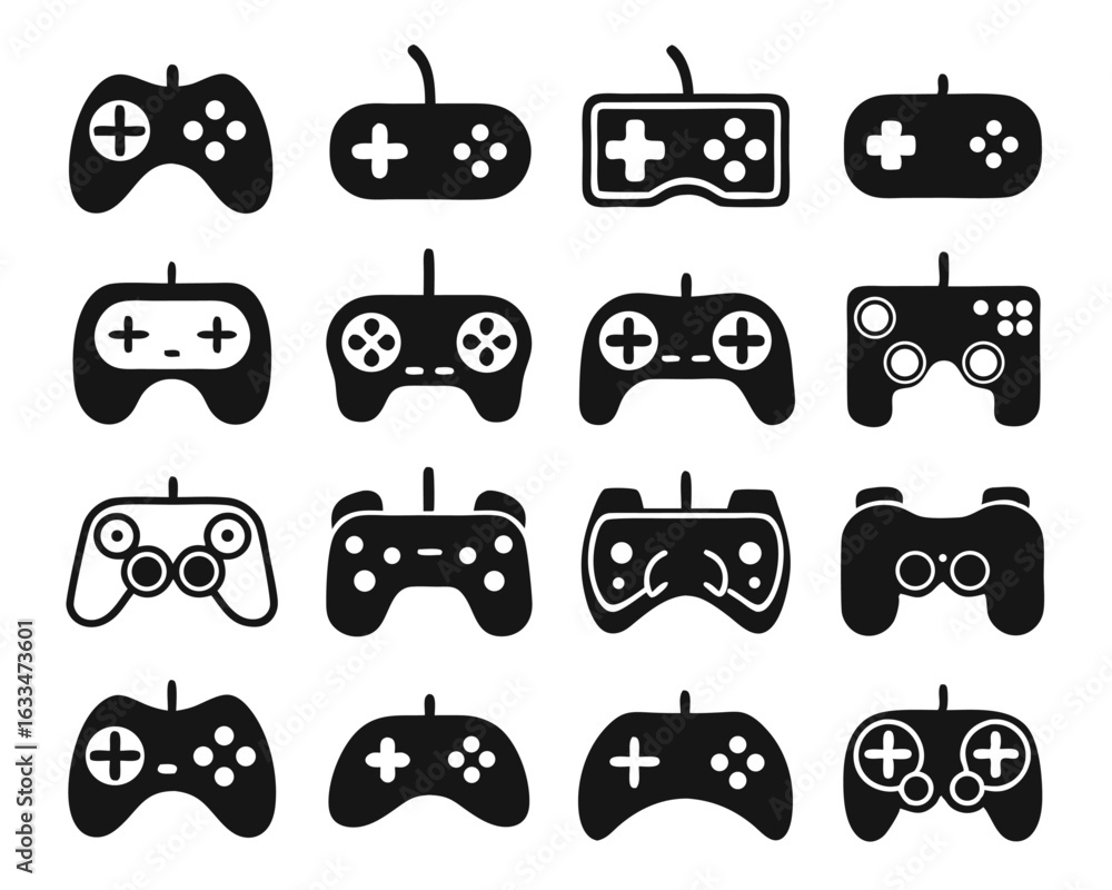 Poster modern video game controller icon design featuring multiple color options for digital interfaces and