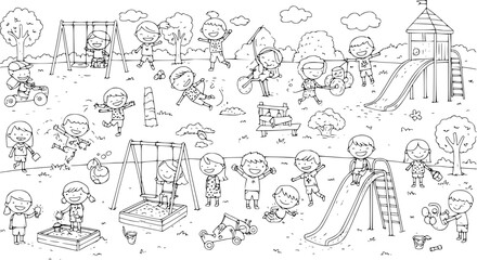Playground Fun: Children Playing in the Park - Black and White Illustration