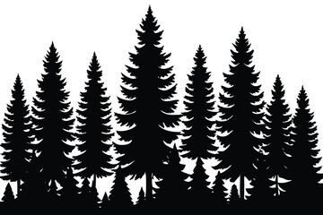 Obraz premium Silhouette of Evergreen Forest A Dense Grouping of Pine Trees Against a White Background