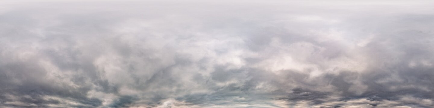 Dark moody rain clouds in dramatic overcast sky. Seamless 360 HDR spherical panorama. Full zenith or sky dome in 3D environment, sky replacement for aerial drone panoramas. Climate and weather change.