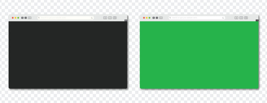 Web Browser Windows: Modern web browser windows with sleek, minimalist design on a transparent backdrop. One is black and the other one is green. Ideal for showcasing web design elements.
