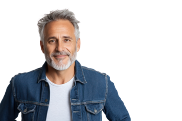 Elegant Demeanor: An handsome man showcases timeless style, with a salt and pepper beard and a genuine smile. The image evokes an air of confidence and approachability.