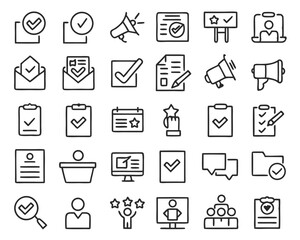 Fototapeta premium Comprehensive collection of election related symbols in classic black flat and clean line styles isolated on transparent background