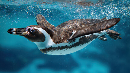 Naklejka premium Single Penguin Swimming Underwater Surrounded by