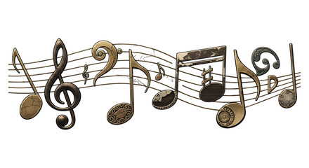 Vintage musical notes and treble clef on a musical staff, isolated on transparent background
