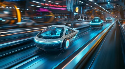 Fototapeta premium Futuristic self-driving cars featuring illuminated accents on highway against vibrant cityscape for advanced transportation technology urban development innovation mobility concept