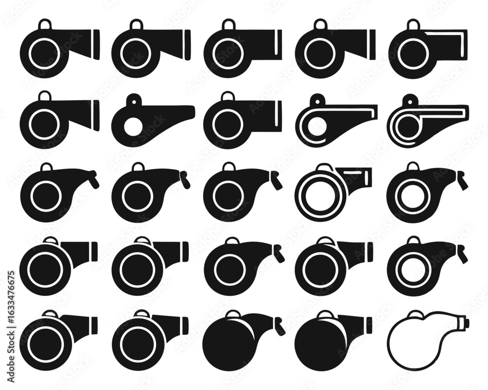 Poster Collection of referee whistle graphics for sports and games featuring a single distinctive object isolated on transparent background