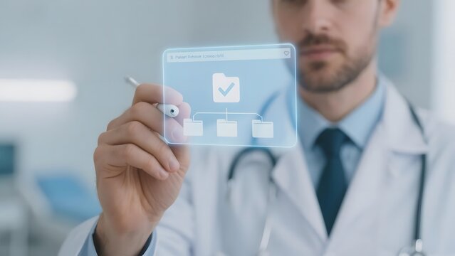 Doctor holding a transparent digital tablet displaying a medical flowchart in a clinical setting