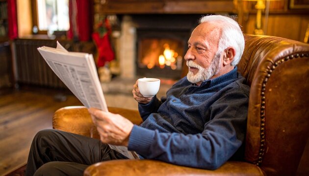 Comfort and Calm: Senior Man Enjoying Quiet Time with Newspaper and Coffee,Peaceful Retirement: An Elderly Gentleman Relaxing by the Fire with a Cup of Coffee