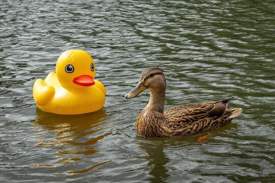 A brown duck swims next to a yellow inflatable rubber duck in dark water - Powered by Adobe