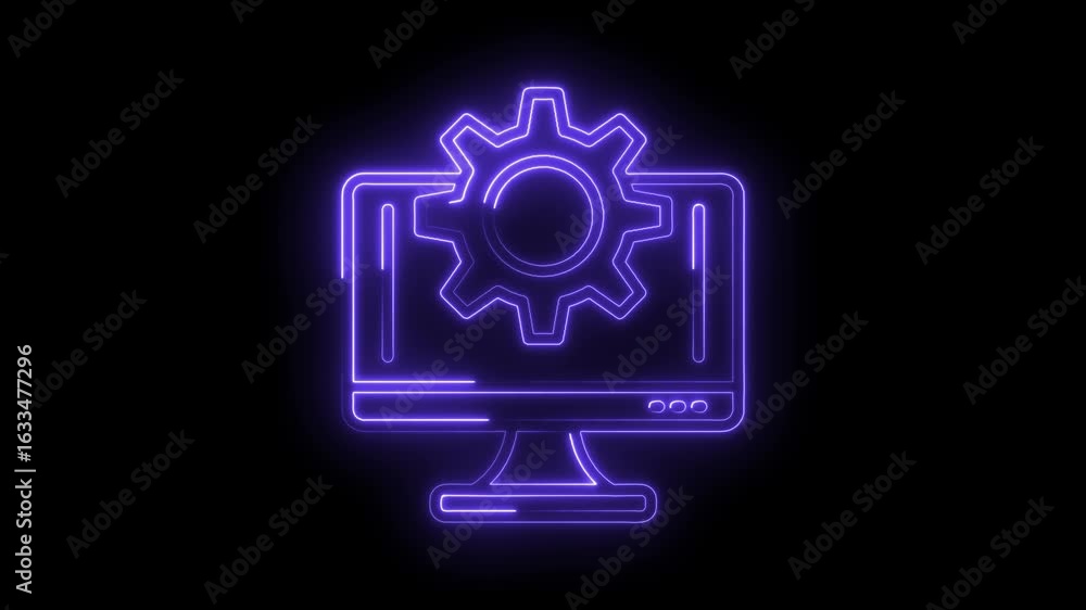 Poster glowing neon computer monitor with gear icon symbolizing technology innovation development process