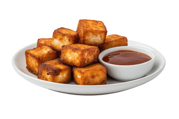 Fried Tofu with Sauce: A delectable close-up of golden-brown, crispy fried tofu cubes, neatly arranged on a white plate, complemented by a small bowl of savory dipping sauce