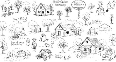 Whimsical Hand-Drawn Village Landscape: A Charming Collection of Rustic Scenes  Characters