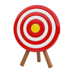 A vibrant 3d rendered red and white target with a yellow bullseye on a wooden tripod, representing success and goal achievement.