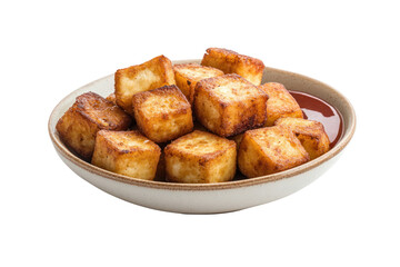 Golden Tofu Cubes in Ceramic Bowl: A tempting arrangement of crispy, golden-brown tofu cubes, nestled invitingly in a ceramic bowl, accompanied by a savory dipping sauce. A mouthwatering delight.