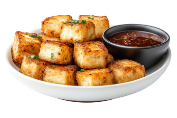 Golden Tofu Cubes: A tantalizing plate of crispy, golden-brown tofu cubes, perfectly fried and arranged with a delectable dipping sauce, a culinary delight.