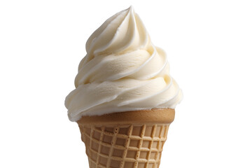 Delightful Vanilla Swirl: A creamy, soft-serve ice cream cone, with a luscious vanilla swirl, rests in a crisp, waffle cone, exuding freshness and sweet satisfaction. 