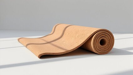 Sport Equipment A rolled cork yoga mat isolated on white background with shadow beneath