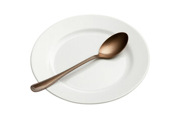 Elegance on a Plate: A refined, high-angle perspective showcases a pristine white plate delicately adorned with a sleek, bronze-toned spoon, offering a glimpse of minimalist sophistication.