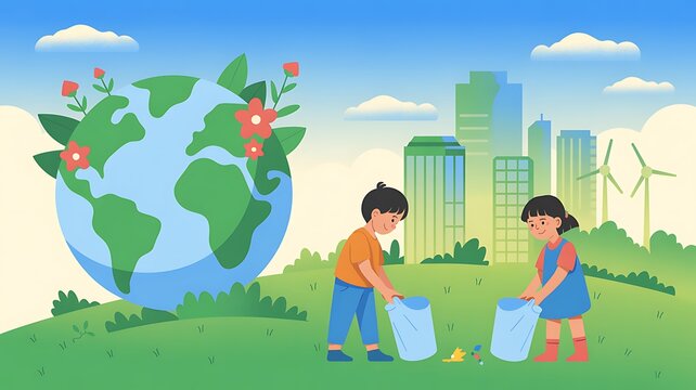 Children actively clean up litter near a stylized Earth, promoting environmental responsibility and a greener future. - Powered by Adobe