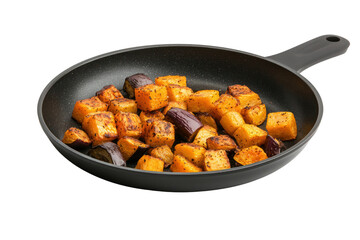 Sizzling pan of golden Roasted Veggies: a close-up shot of a non-stick skillet, filled with appetizing golden-brown, roasted veggies, ready to be savored, capturing their delicious textures.