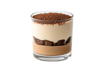 Layered Italian Delight: A close-up of a perfectly layered tiramisu dessert in a elegant glass, offering a delightful blend of creamy textures and rich flavors.