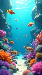 Fototapeta premium A vibrant low poly underwater coral reef with colorful fish, sea turtles, seaweed swaying, corals of various shapes, and a stylized ocean floor